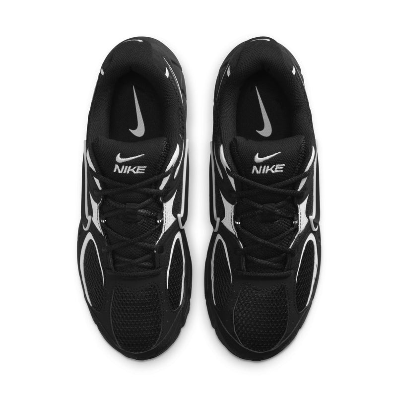 Men's black Nike running shoes, front toe caps with lace-up and swoosh logos