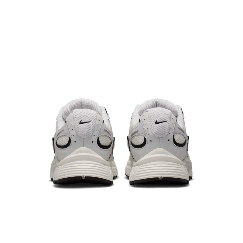 Men's running shoes heel view, light gray uppers with black eyelets and white midsole