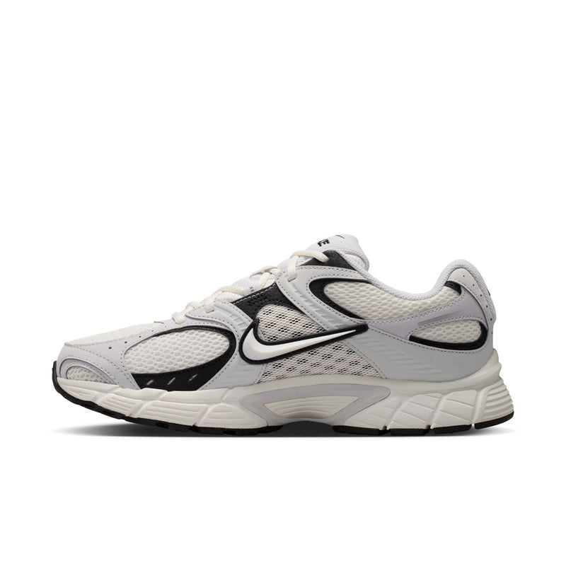 Men's lace-up running shoe, light gray mesh upper with black swoosh and white sole