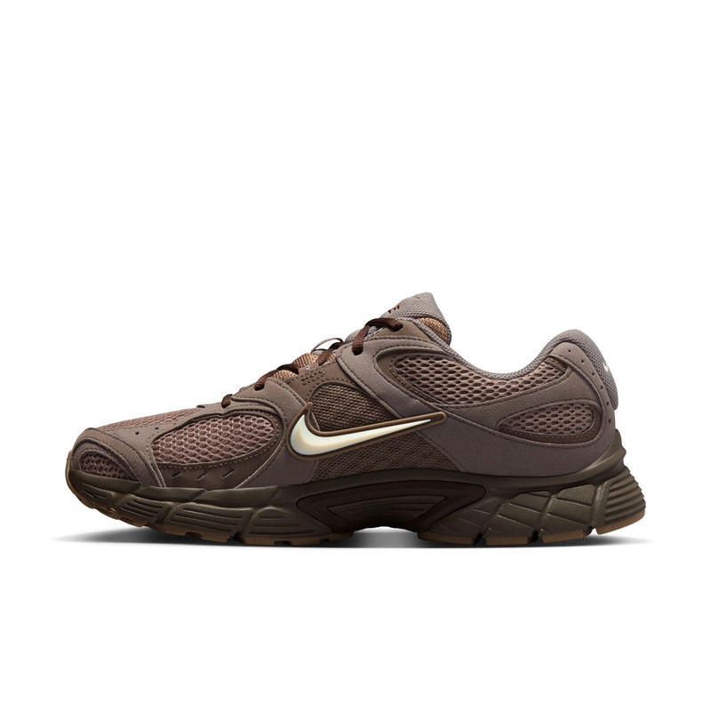 Men's running shoes side view, mink brown mesh and suede panels with swoosh detail