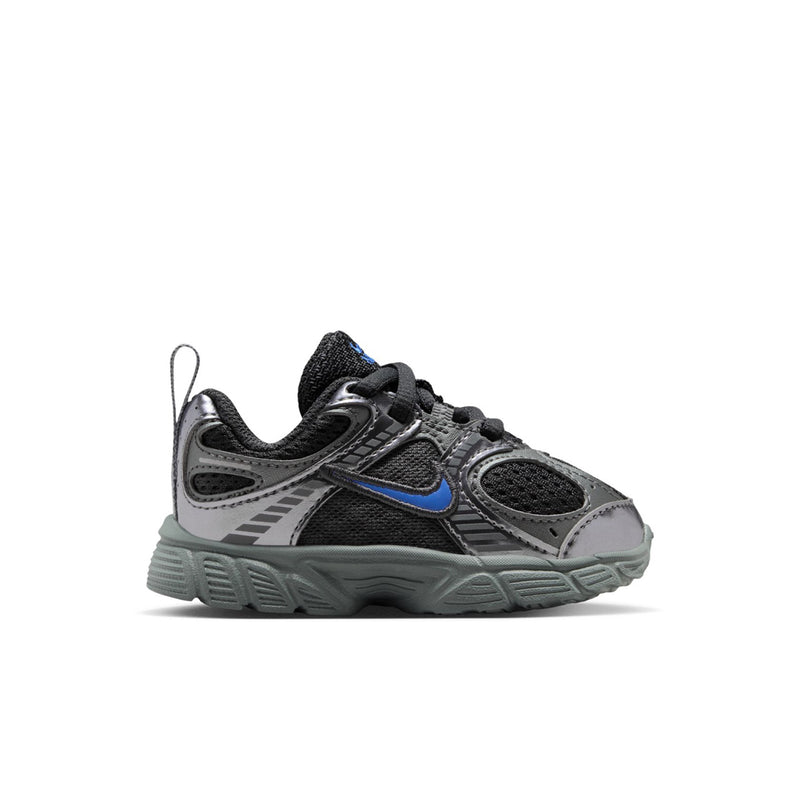 Toddler athletic sneakers in dark gray with blue accents, mesh panels, and rubber sole