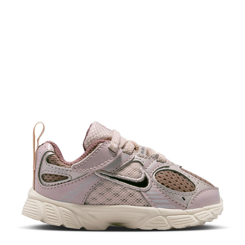 Toddler lace-up sneakers in light taupe with burgundy heel and green logo accents