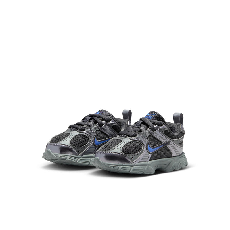 Toddler athletic sneakers, side-by-side view, dark gray uppers with blue swoosh details