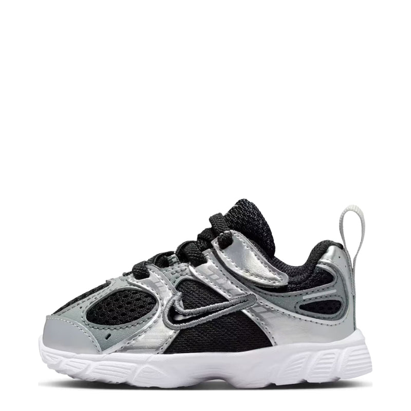 Toddler lace-up sneaker in silver and dark gray/black with padded collar and textured upper