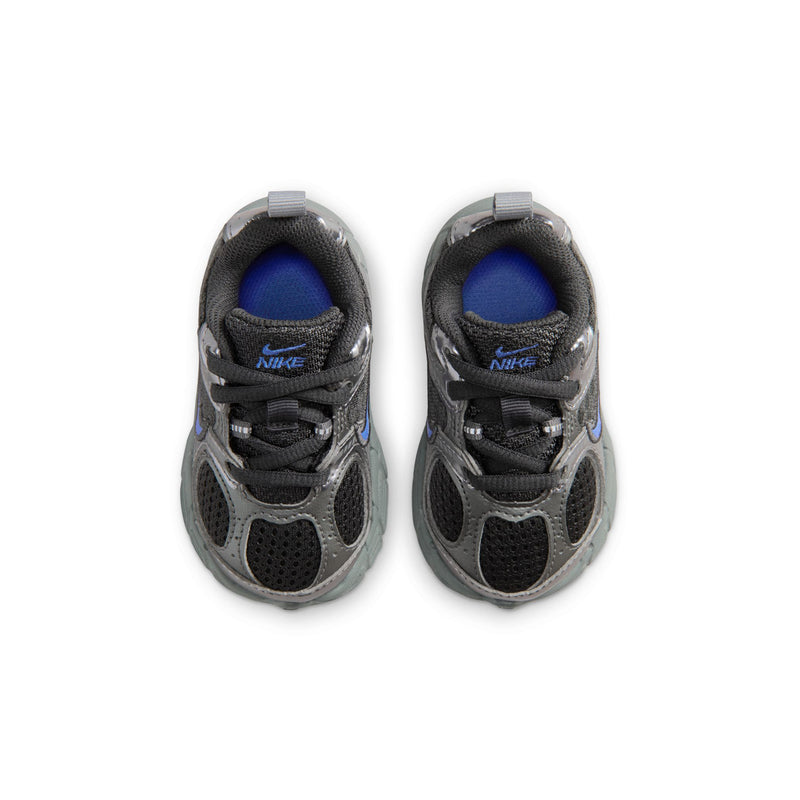 Toddler athletic sneakers, heel view, dark gray mesh with blue lining and NIKE branding
