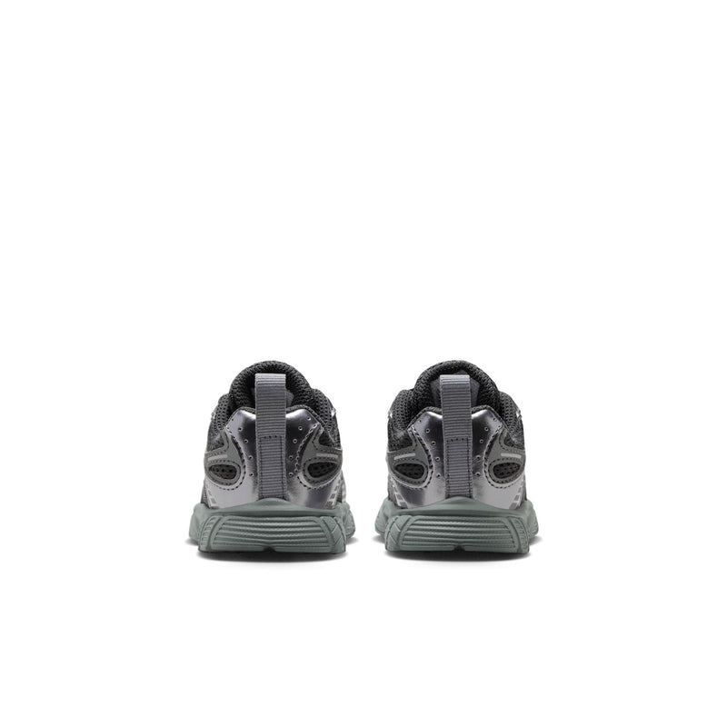 Toddler athletic sneakers, rear view, dark gray fabric with gray heel and cushioned sole