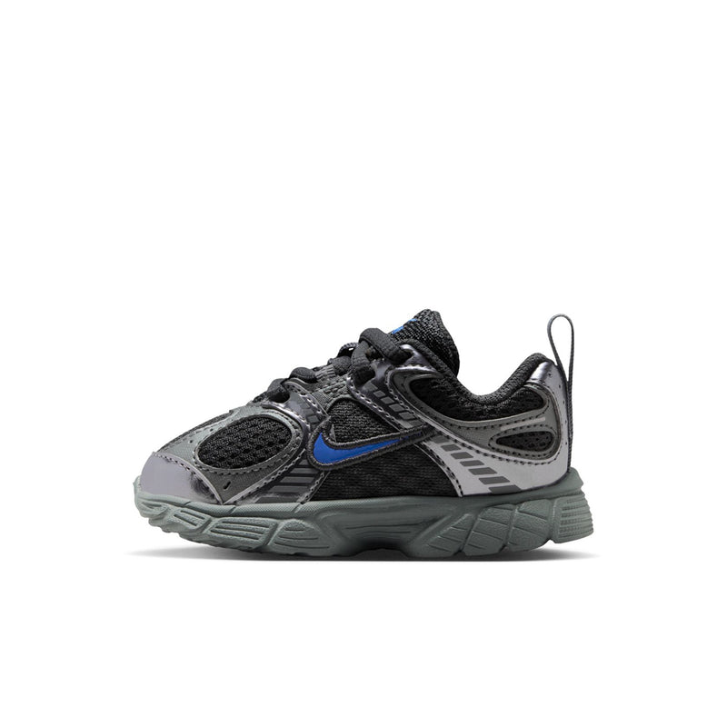 Toddler athletic sneakers, front angle, dark gray and light gray panels with blue swoosh