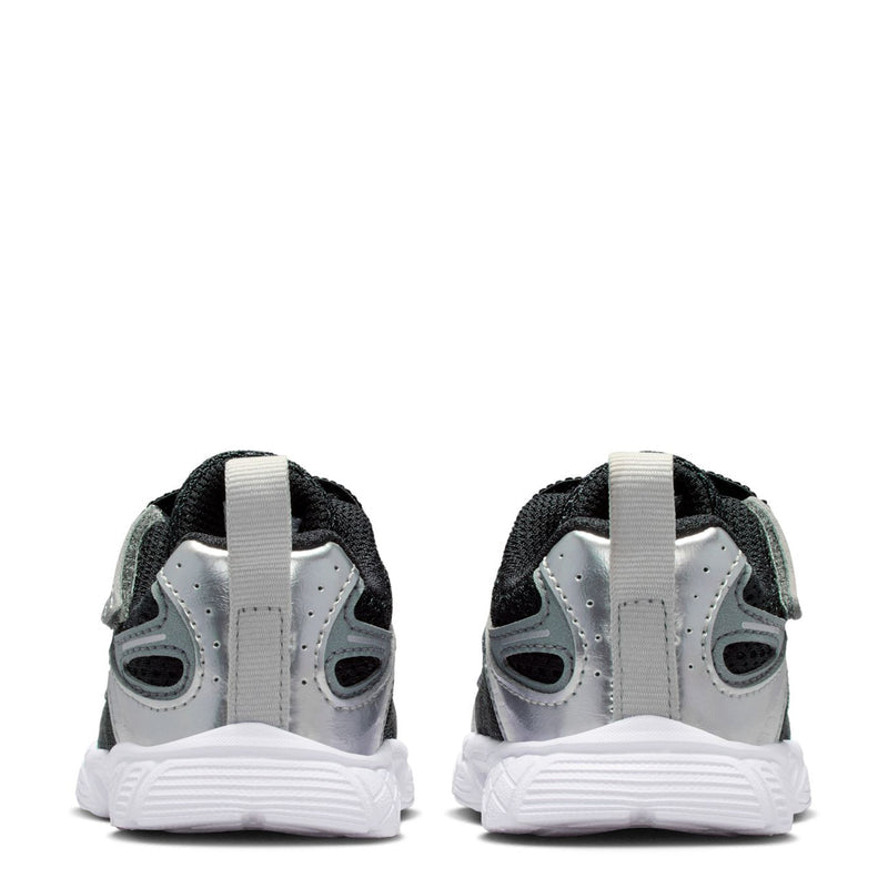 Toddler sneakers from back view in silver/gray and black with heel tab and white sole