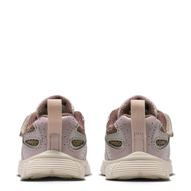 Toddler sneakers back view, light taupe with burgundy collar and cushioned heel