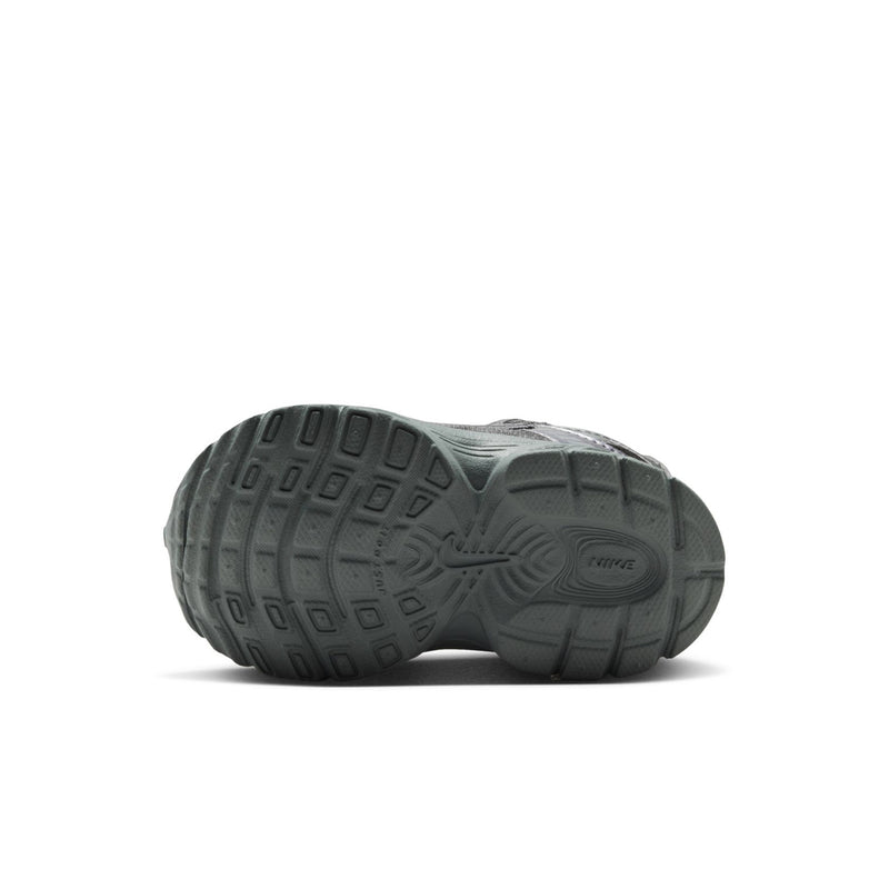 Toddler athletic sneakers outsole view, grippy dark gray tread on light gray sole