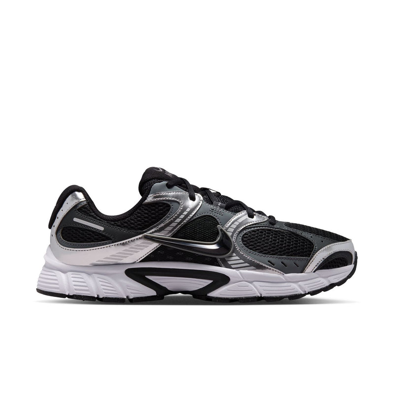 Men's running shoe in black, charcoal, and silver with white midsole and lace-up front.