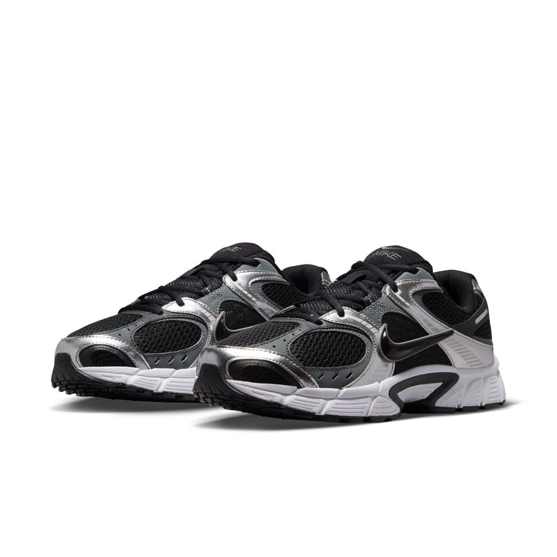 Men's lace-up running shoes, black and silver mesh panels with white and black outsole.