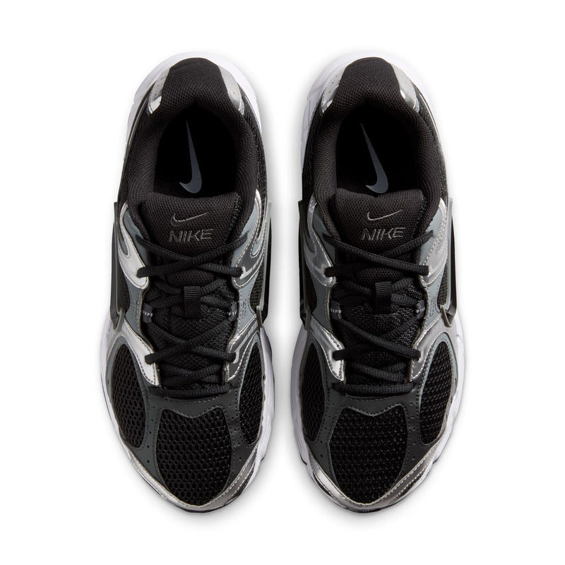 Pair of men's black and silver running shoes with black laces and Nike swoosh on tongue.