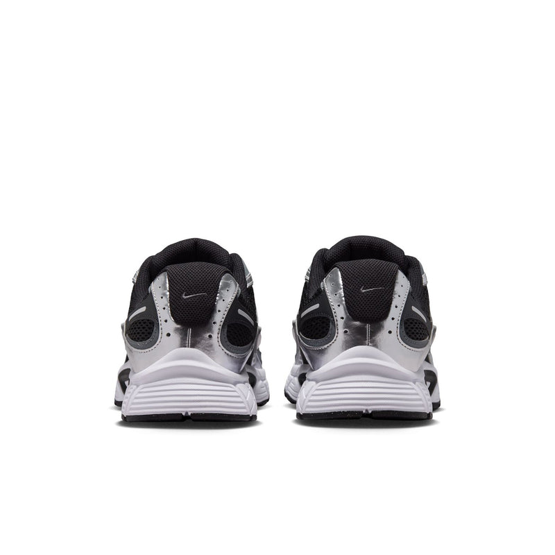 Men's running shoes rear view with black heel counter, silver accents, and white ridged sole.