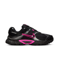 Women's black running shoes with pink accents, lace-up, padded tongue, Nike swoosh