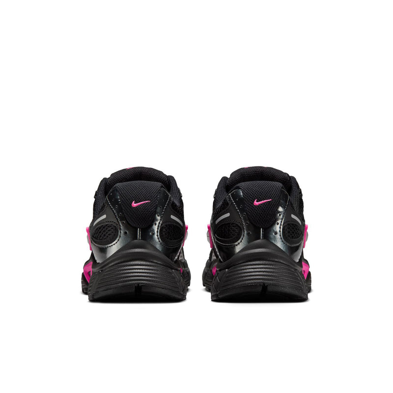 Women's black running shoes with pink heel accents, lace-up back, padded collar