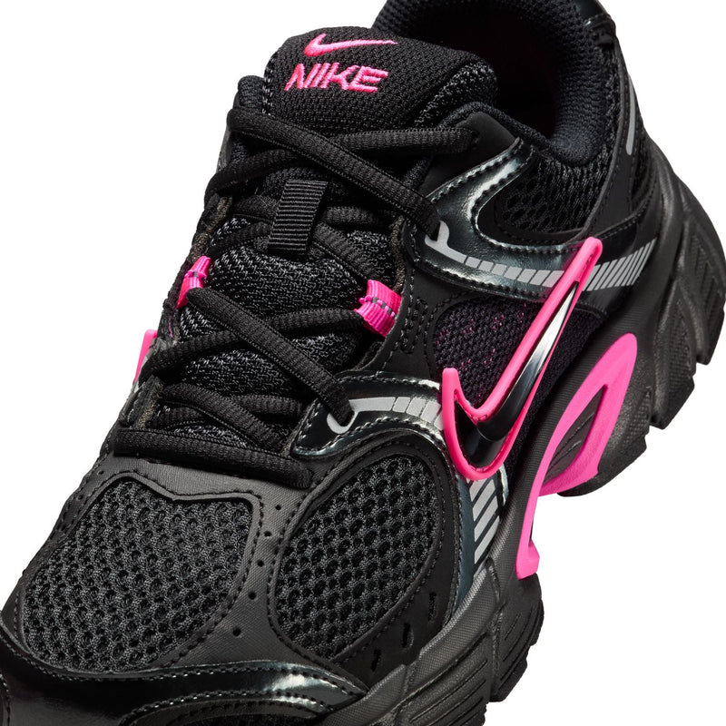Women's black mesh running shoe upper with pink laces and swoosh detail