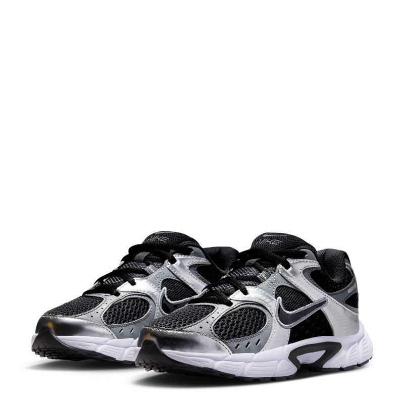 Pair of black and silver youth running shoes, front angle with lace-up and swoosh
