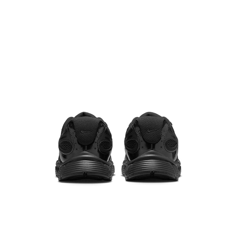 Youth black running shoes from back view with heel pull tab and textured sole.
