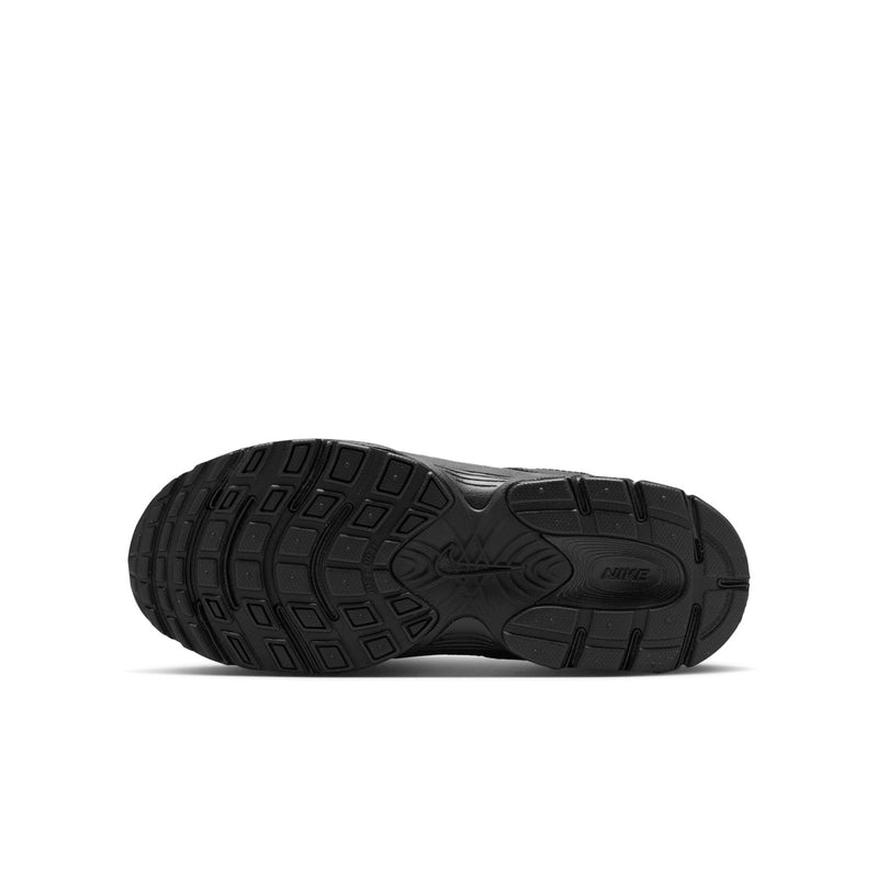 Youth black running shoe outsole with textured tread pattern for grip.