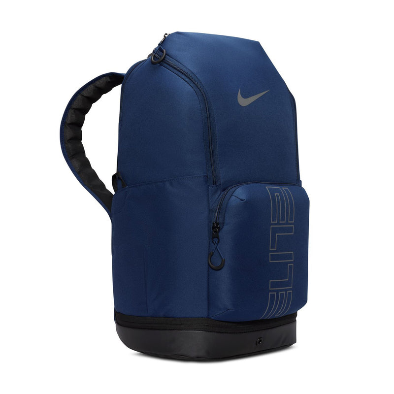 Navy backpack with curved shoulder strap and front vertical emblem, zip closure