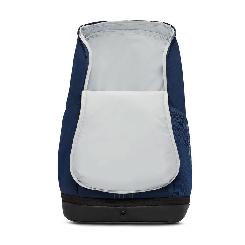 Navy backpack with open front compartment and white padded lining, black bottom