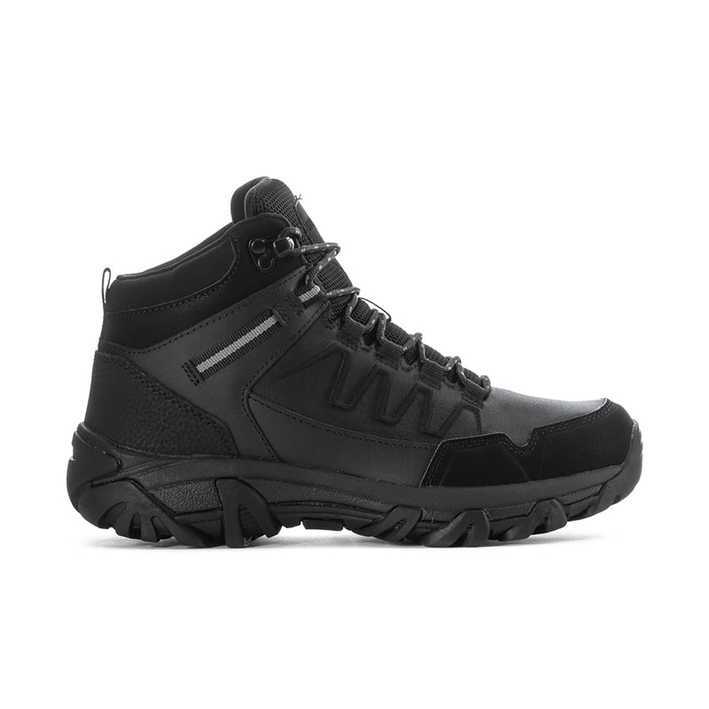 Men's black mid-top hiking boots with lace-up closure and padded collar