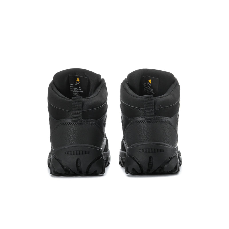 Men's black boots with rear pull tab and textured heel, lace-up styling