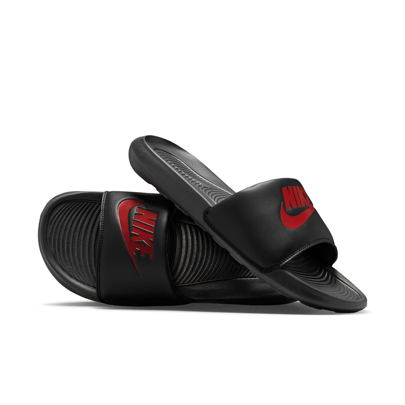 Men's black Nike slide sandals with red logo, side and top view
