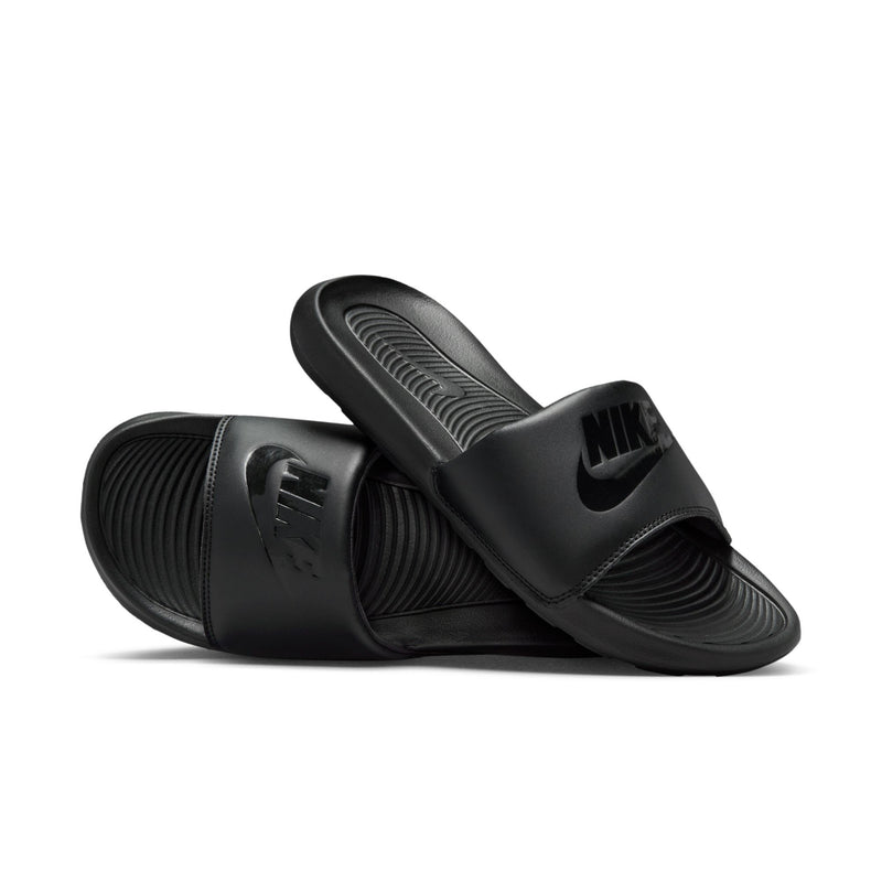 Men's black slide sandals, pair view, Nike logo on adjustable strap
