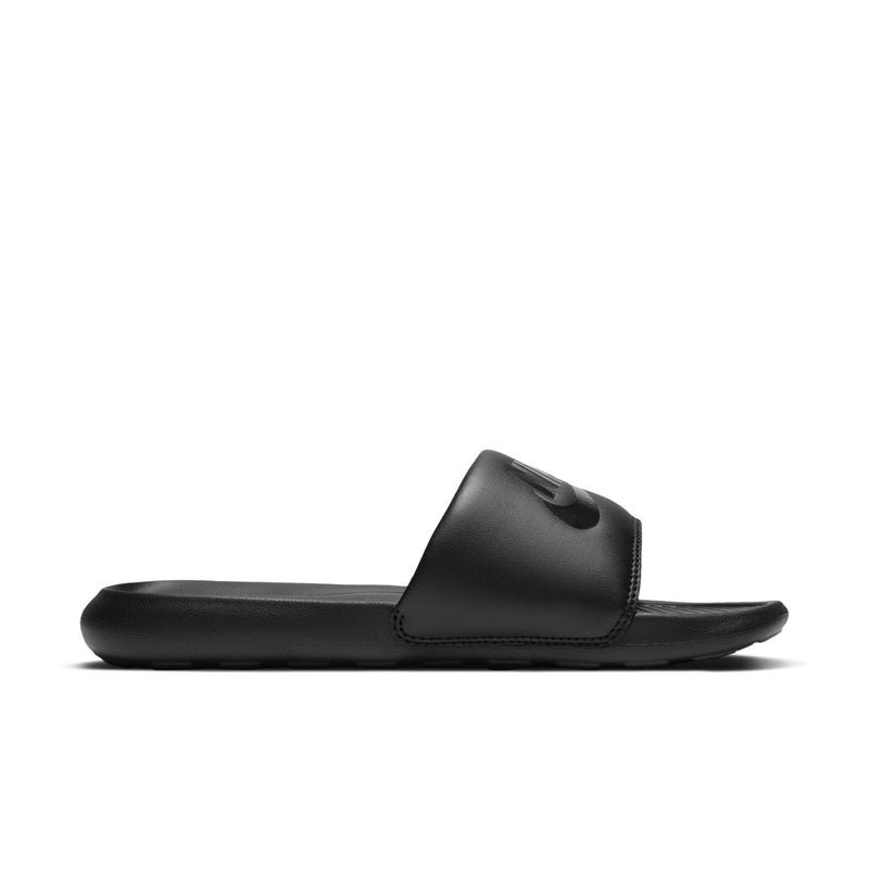 Black women's slide sandal with swoosh on strap and contoured footbed.