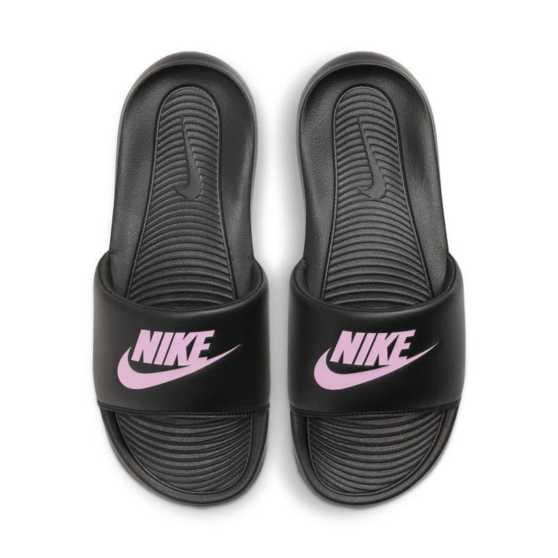 Pair of women's black Nike slide sandals with light pink logo bands