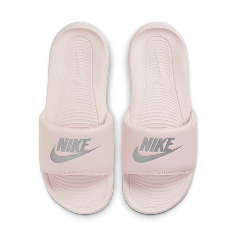 Women's Nike slide sandal, Barely Rose pair with swoosh logo on straps