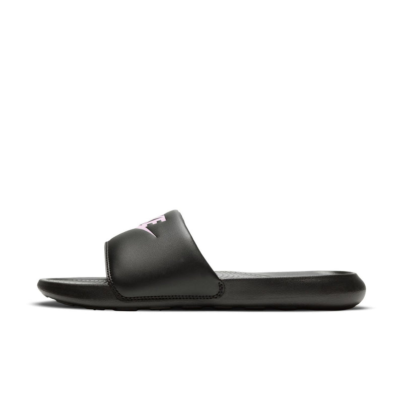 Women's black Nike slide sandals with light pink logo on the side strap