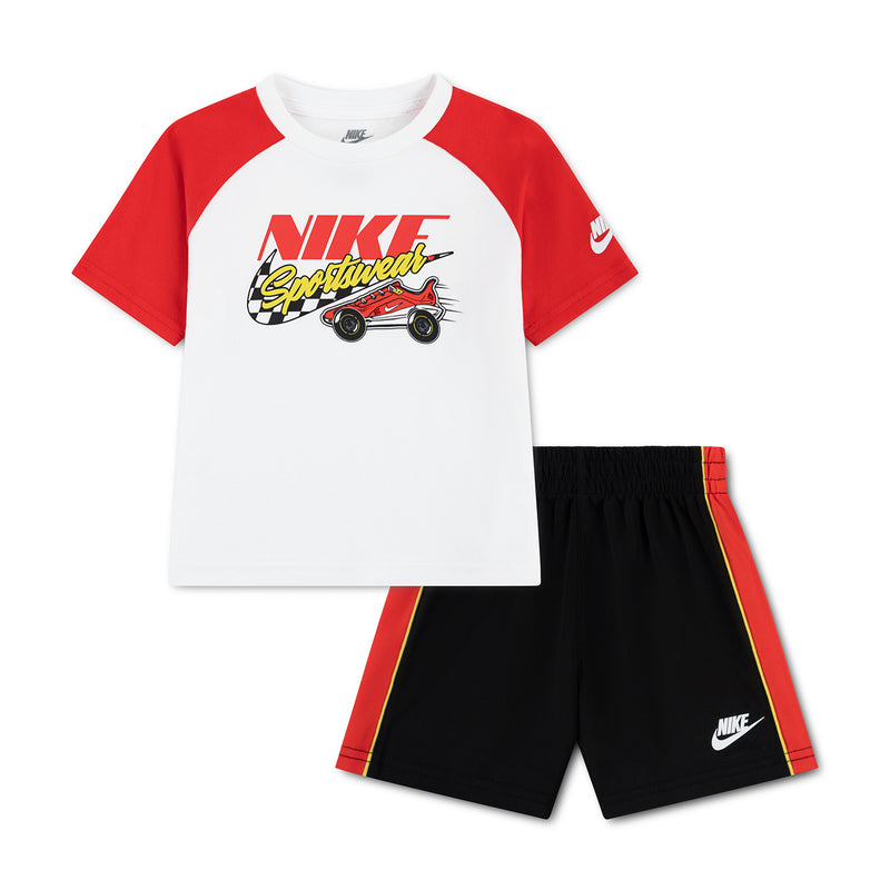 Toddler short set: white/red raglan T-shirt with racing graphic and black/red shorts