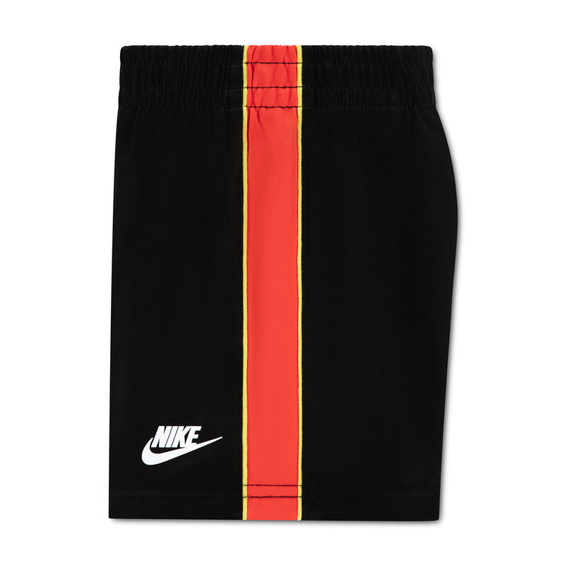 Toddler black shorts with red center stripe and Nike logo on hem