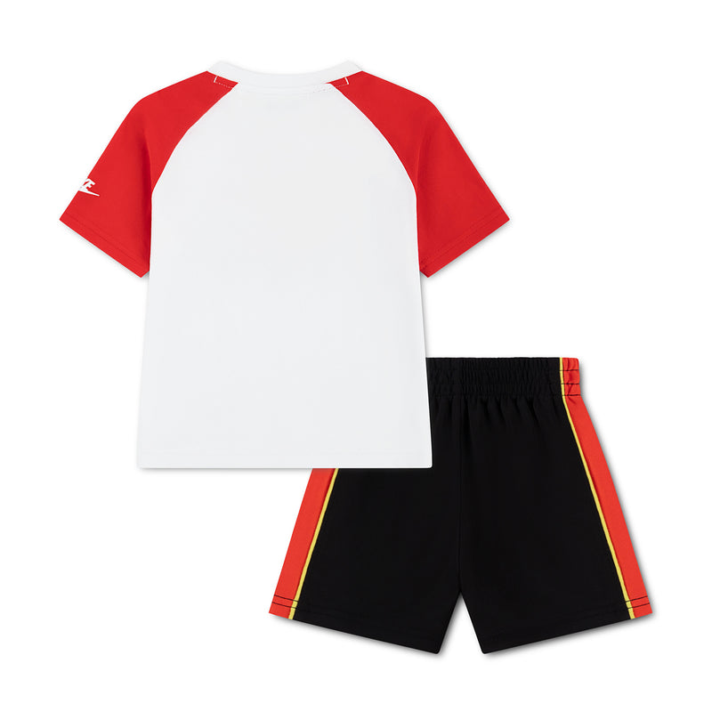 Toddler short set: white/red raglan T-shirt and black/red striped shorts