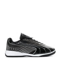 Youth Viper sneakers, black with silver stripes and white rubber sole, lace-up