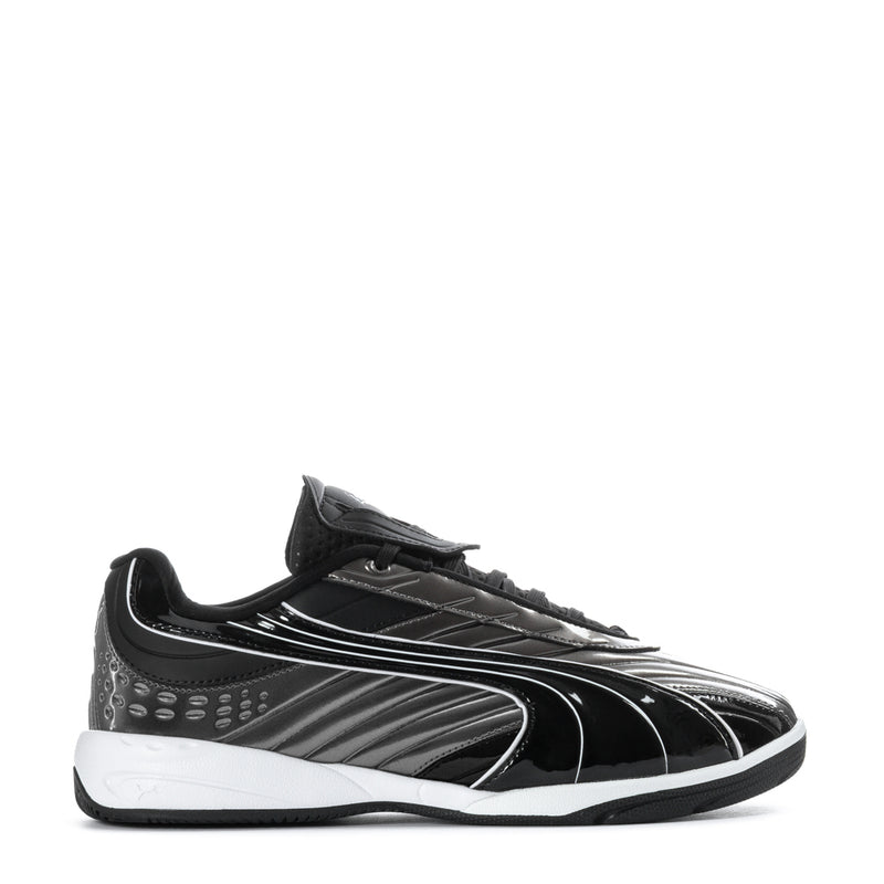 Youth Viper sneakers, black with silver stripes and white rubber sole, lace-up