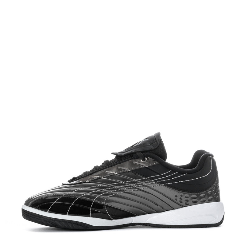Youth sneakers, black upper with silver panel lines, lace-up, white midsole