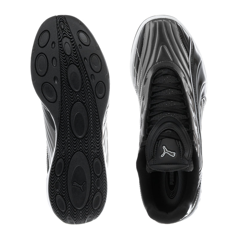 Youth sneakers soles, black textured outsole with gray side profile