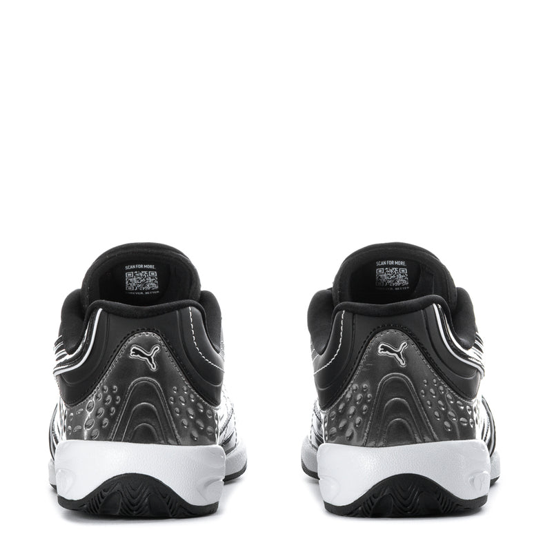 Youth sneakers back view, black with silver logo, padded collar, white sole
