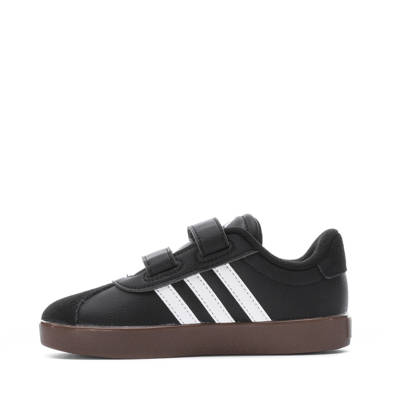 Toddler black adidas sneakers with three white stripes and dual hook-and-loop straps
