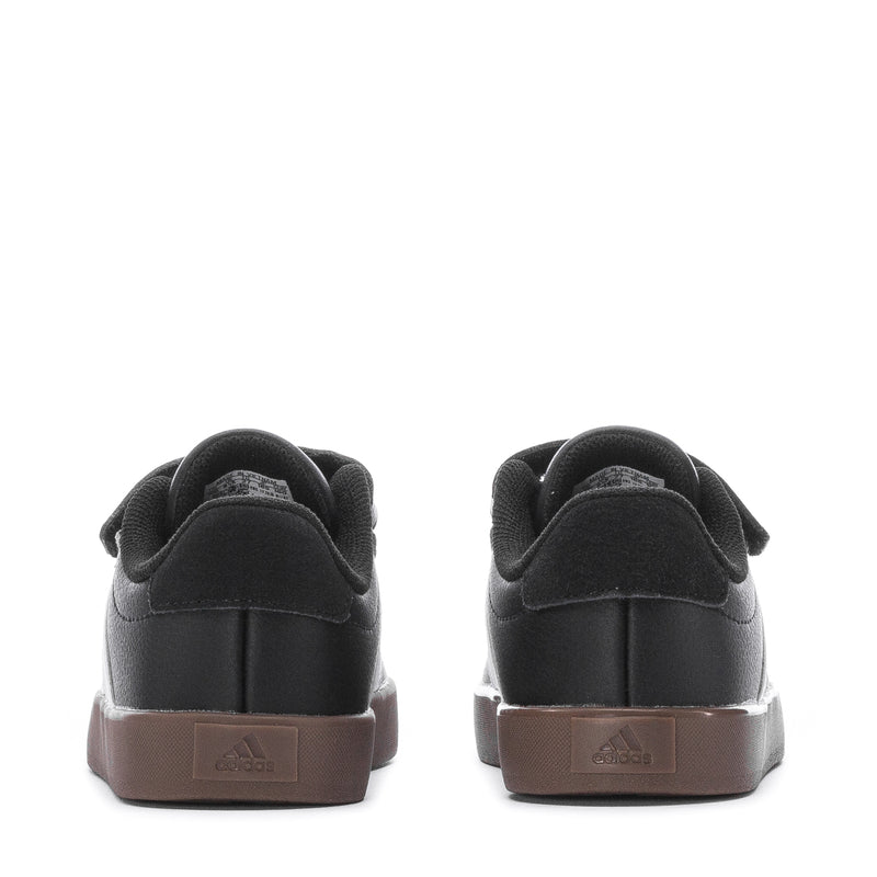 Toddler black adidas sneakers with gum heel tab and rear cushioning panel
