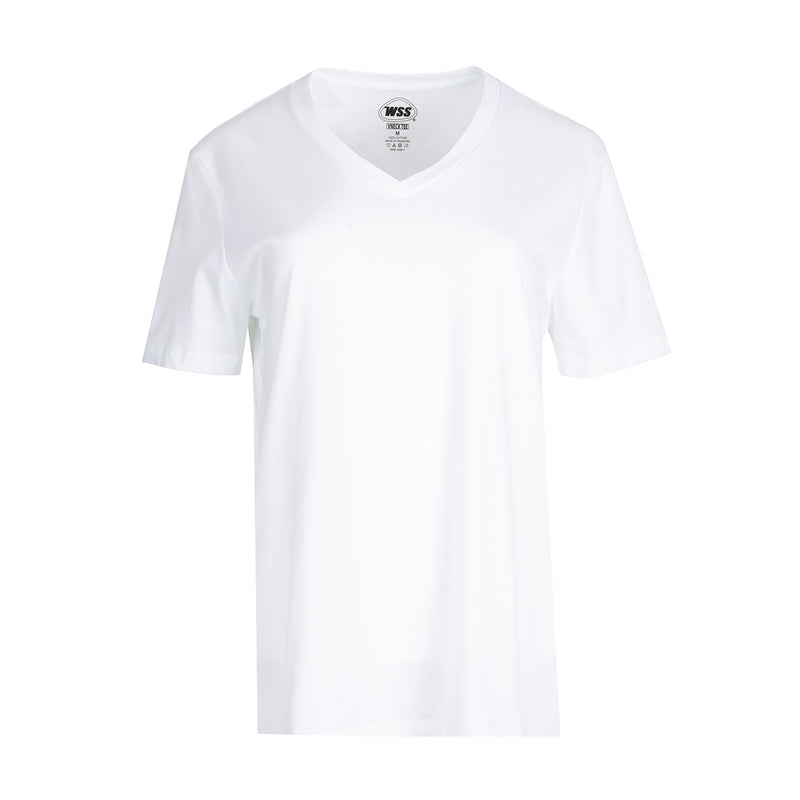 Women's white V-neck tee shirt, short sleeves, straight hem