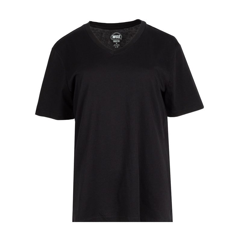 Women's black V-neck short-sleeve T-shirt, front view.