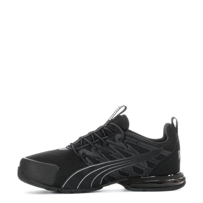 Kids black lace-up running shoes, side view with silver Puma graphic