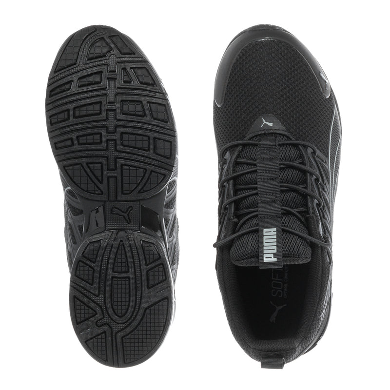 Kids black running shoes with treaded outsole and side view of insole