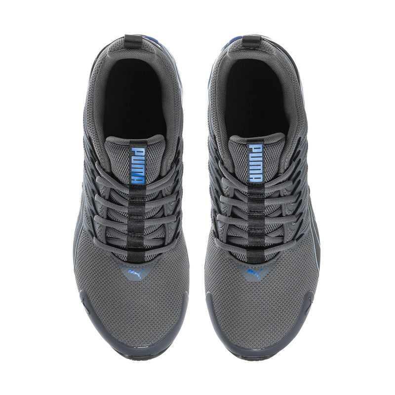 Men's dark grey/black lace-up shoes, front view with blue logo and textured knit upper