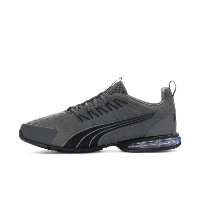 Men's dark grey/black lace-up running shoe with blue air-cushion sole and sporty side detail